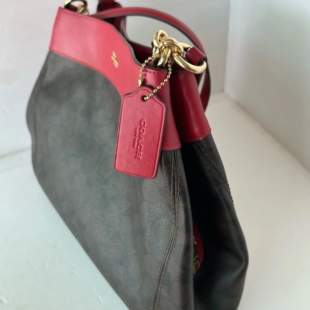 Coach EUC Red Leather Trim and Signature Print Handbag with matching wallet - Picture 6 of 7